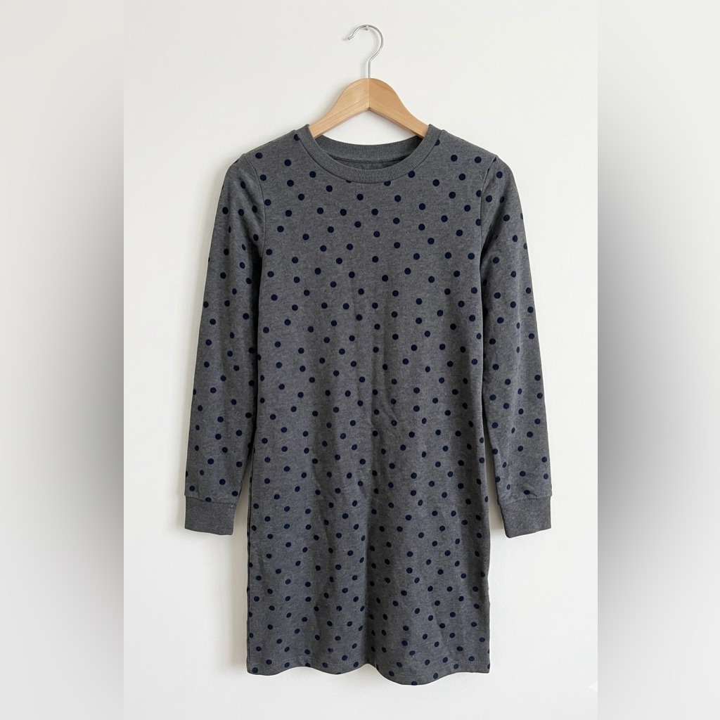 Boden Round Neck Charcoal Gray With Black Polka Dots Long Sleeve Knit Dress Nwot